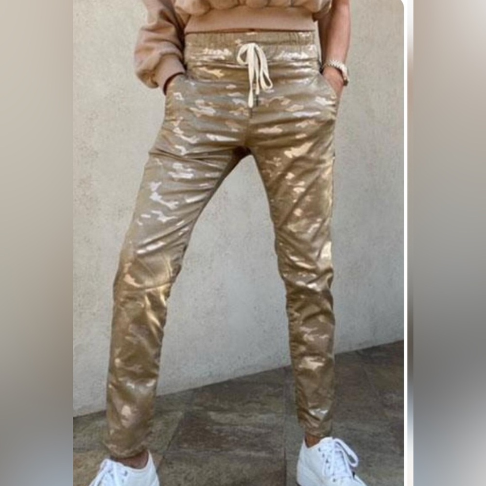 Bevy Flog Shely Metallic Gold & Bronze Camo Stretch Drawstring Cargo Pants 27